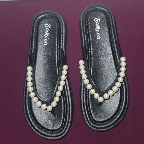 Fashion Faux Pearls Thong Slides Size 8 - Picture 2 of 6